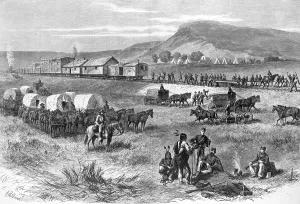 Waud Prints: Railroad building on the great plains, wood engraving, by Alfred R. Waud, 1875
