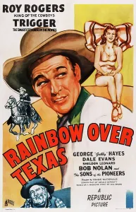 Hayes Prints: RAINBOW OVER TEXAS, US poster, from top: Dale Evans, Roy Rogers, Gabby Hayes, 1946