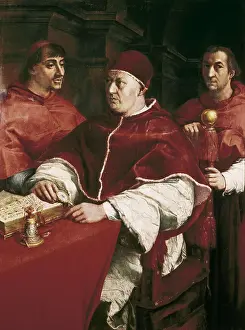 Raphael 1483 1520 Prints: Raphael (1483-1520). Portrait of Leo X with Cardinal Luigi de Rossi and Giulio de Medici
