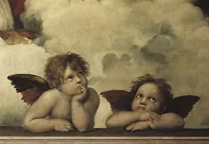 Raphael (1483-1520). The Sistine Madonna. 1512-1517. Lower detail with the figures of two cherubs. Renaissance art. Cinquecento. Oil on canvas. GERMANY. Dresden