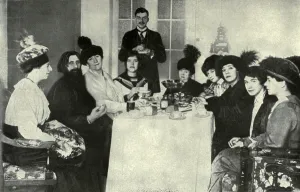 Rasputin Prints: Rasputin, the favorite of the Russian Empress, with women admirers, 1911