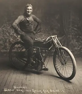 Speed Prints: Ray Weishaar, won the 100 mile motorcycle race in Norton, Kansas, on Oct. 22, 1914