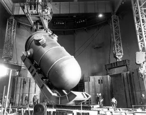 Physics Prints: Reactor vessel inside the containment building raised into position at Baltimore Gas