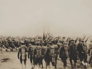Young Adults Prints: Rear view of U.S. Army Expeditionary Force soldiers marching during World War 1
