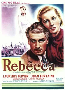 Fontaine Prints: REBECCA, from left: Laurence Olivier, Joan Fontaine on Belgian poster art, 1940