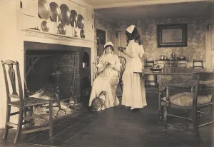Simplicity Prints: Recreation of a gentile colonial American house with two women in colonial costume