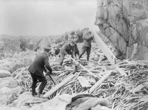 Workers Prints: Red Cross men and soldiers searching the wreckage of the SS OTRANTO for of victims on Machrie Bay