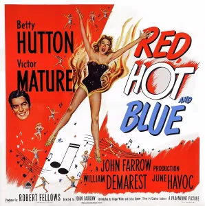 Hutton Prints: RED, HOT AND BLUE, US poster art, from left: Victor Mature, Betty Hutton, 1949