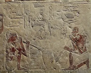 Relief depicting glass blowers. 2325 BC. Egyptian art. Old Kingdom. Relief on rock. EGYPT. Cairo. Egyptian Museum. Proc: EGYPT. Saqqara. Mastaba of Kaemrehu