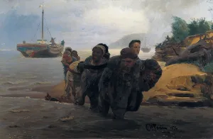 RepinIlya Yefimovich (1844-1930); RepinIlya Yefimovich (1844-1930). Barge Haulers wading. 1872. Realism. Oil on canvas. RUSSIA. Moscow. Tretyakov Gallery