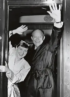 Campaigns Prints: Republican Presidential candidate Dwight Eisenhower and Wife Mamie wave from their campaign train