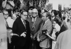 Abuse Of Power Prints: Republican Senators Hugh Scott Barry Goldwater and Congressman John Rhodes after meeting with President Nixon on Aug