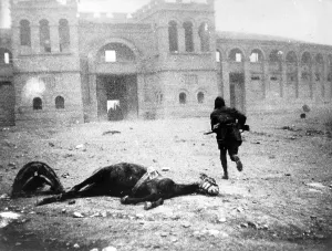 Bulgaria Prints: A Republican soldier passing a dead horse on the Plaza de Toros
