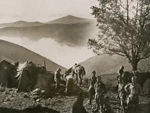 Valleys Prints: Republican troops in camp in the Pyrenees foothills with grand mountainous scenery