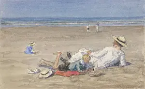 Seaside Prints: Resting Nanny with Two Children on the Beach