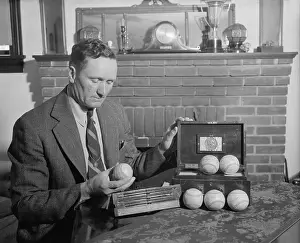 Pitcher Prints: Retired baseball legend Walter Johnson with souvenir balls signed by six presidents: Theodore Roosevelt
