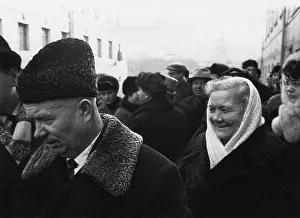 Ukrainian Prints: Retired Premier Nikita Khrushchev and his wife at a municipal election polling station