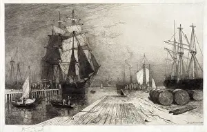 Whale Prints: Return of the Whaler, etching with ships and dock, circa late 1800s
