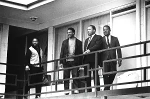 Assassination Prints: Rev. Martin Luther King stands on a balcony at the Lorraine Motel in Memphis