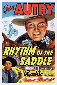 Gene Prints: RHYTHM OF THE SADDLE, US poster art, top: Gene Autry, bottom: Smiley Burnette, 1938