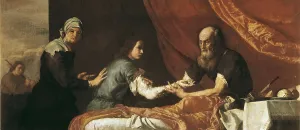RIBERA, Jos (1588-1652). Isaac Blessing Jacob. 1637. Isaac on the bed, blind, touches Jacob's arm, which is covered with a kid skin in order to be as hairy Esau