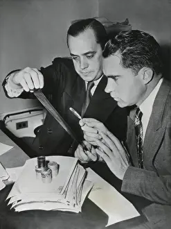 Lcgr1501 Prints: Richard Nixon examines the Pumpkin Paper microfilms with Robert Stripling
