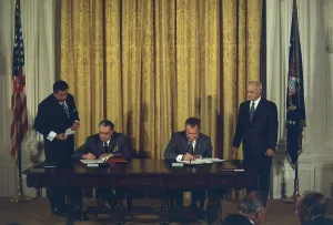 State Visits Prints: Richard Nixon and Leonid Brezhnev signing the Cooperation Agreement for Peaceful Uses of Atomic Energy