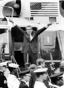 Everett Site Prints: RICHARD NIXON waves with both arms as he bids an emotional farewell to members of his staff after his resignation for