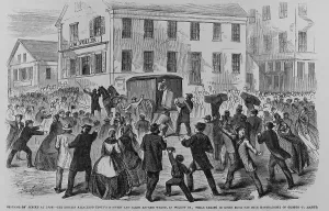 Riots Prints: The rioting strikers attacking a shipment of shoes in an express wagon during the Lynn
