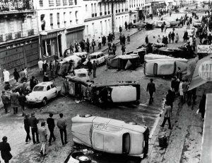 Riots Prints: RIOTS-Auto Barricade on Guy Lussac Street in Paris during the riots of 1968