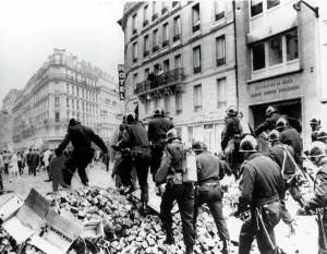 Riots Prints: RIOTS-Riot police on barricade in the Latin Quarter of Paris during the riots of 1968