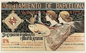 RIQUER, Alexandre de (1856-1920). Third Exhibition of Fine Arts and Artistic Industries. 1895. Poster advertising the city hall of Barcelona. Modernism. Painting