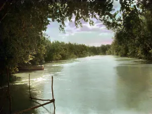 Holy Land Prints: The River Jordan, Holy Land, Jordan, hand painted transparency, circa 1890-1900