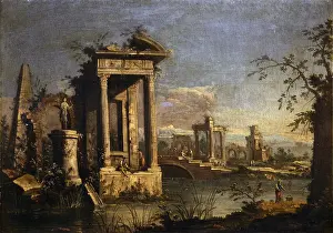 Pyramid Prints: River landscape with ruins and figures