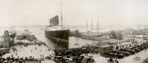 Voyages Prints: RMS Lusitania in New York harbor at end of a 1907 voyage