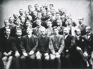 Educators Prints: Robert Koch (1843-1910), photographed with the first post graduate course given in Bacteriology in Berlin