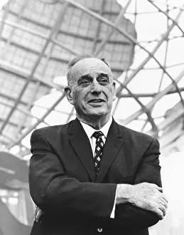 Worlds Fair Prints: Robert Moses in front of the New York's World Fair signature structure
