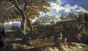 17th C Prints: Rocky landscape. 17th c. Work by the school of Salvator Rosa