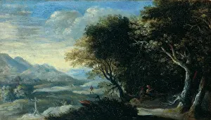 Asleep Prints: Rocky Wooded Landscape with Asleep Peasants, by Unknown Flemish artist, ca