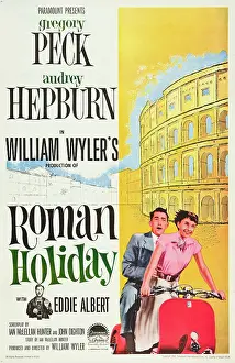 Vespa Prints: ROMAN HOLIDAY, l-r: Eddie Albert, Gregory Peck, Audrey Hepburn on poster art, 1953