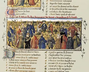 The Romance of the Rose. s.XIV. Court dance with musicians playing. Appear: the God of Love, Beauty, Liberation, Frankness, Courtesy and Youth. Gothic art. Miniature Painting