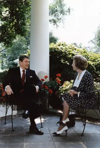 Images Dated 10th March 2009: Ronald Reagan. President Reagan and Prime Minister Thatcher talking on the patio outside of the Oval Office