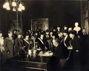 Social Movements Prints: A room full women wearing Votes for Women banners