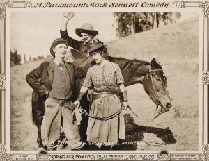 Moran Prints: ROPING ROMEO, l-r: Ben Turpin, Slim Summerville, Polly Moran on lobbycard, 1917