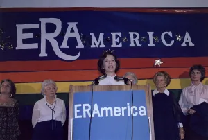 Houston Prints: Rosalynn Carter speaking in support of passage of the Equal Rights Amendment at opening session of the National