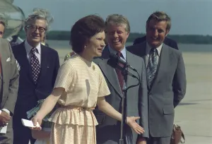 Mondale Prints: Rosalynn Carter speaks upon her return from her politically substantial diplomatic trip to Latin America