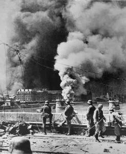 Aerial Bombing Prints: Rotterdam's city center burning after aerial bombardment by the Luftwaffe