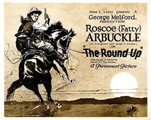 Sunset Prints: THE ROUND-UP, Roscoe Fatty Arbuckle on Title card to lobby card set, 1920