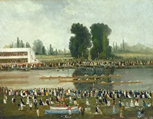 Watch Prints: Rowing Scene: Crowds Watching from the River Banks