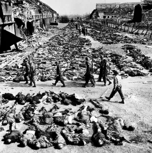 Bodies Prints: Rows of emaciated bodies fill the yard at the Nordhaussen concentration camp